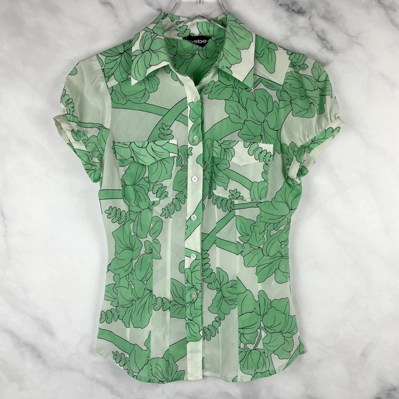 bebe Tops - Bebe 96% Silk Floral Collared Short-Sleeved Semi-Sheer Button-Down Shirt Y2K XS
